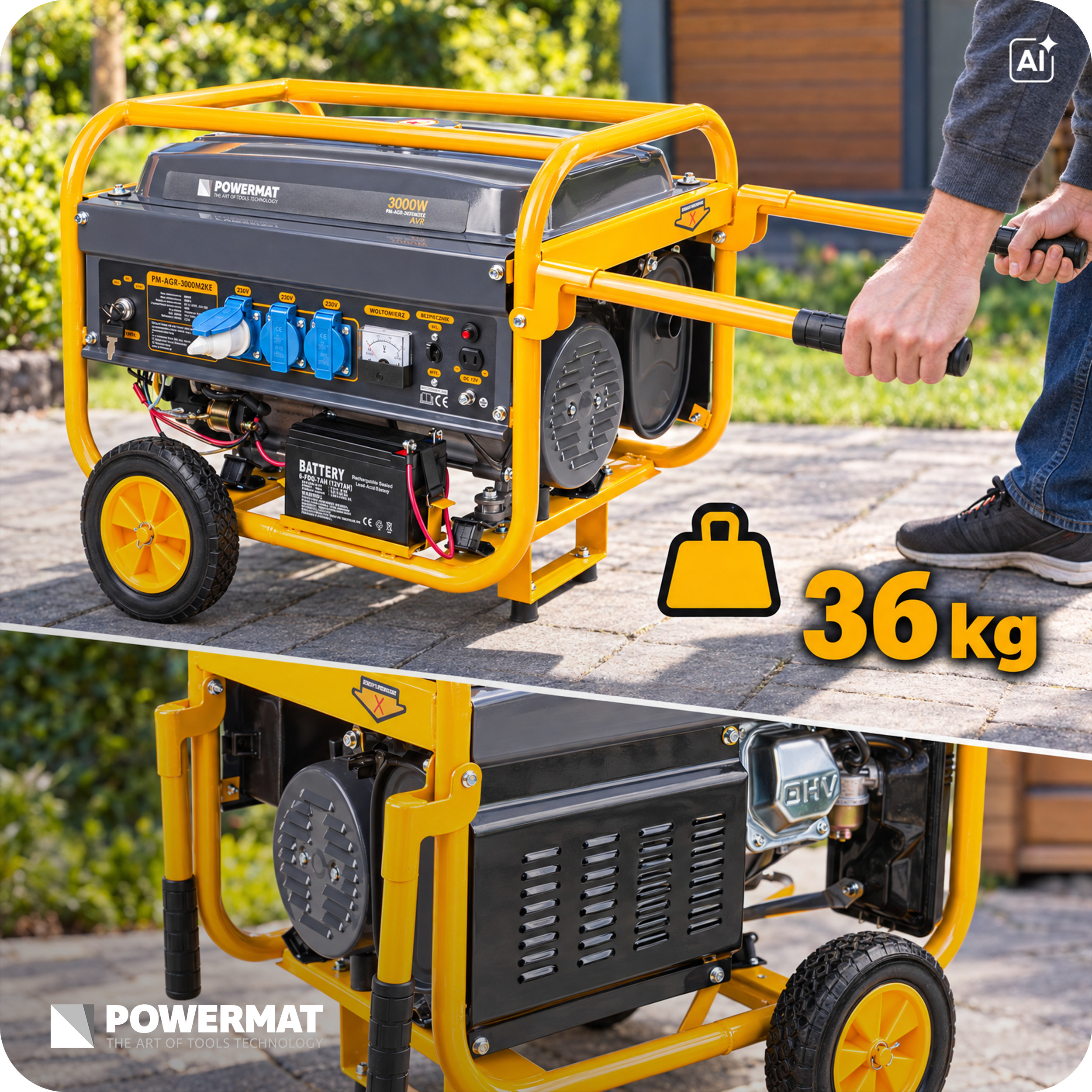Benzininis generatorius Powermat PM-AGR-3000M2KE, 3000 W (elektrinis starteris) nuotrauka 10
