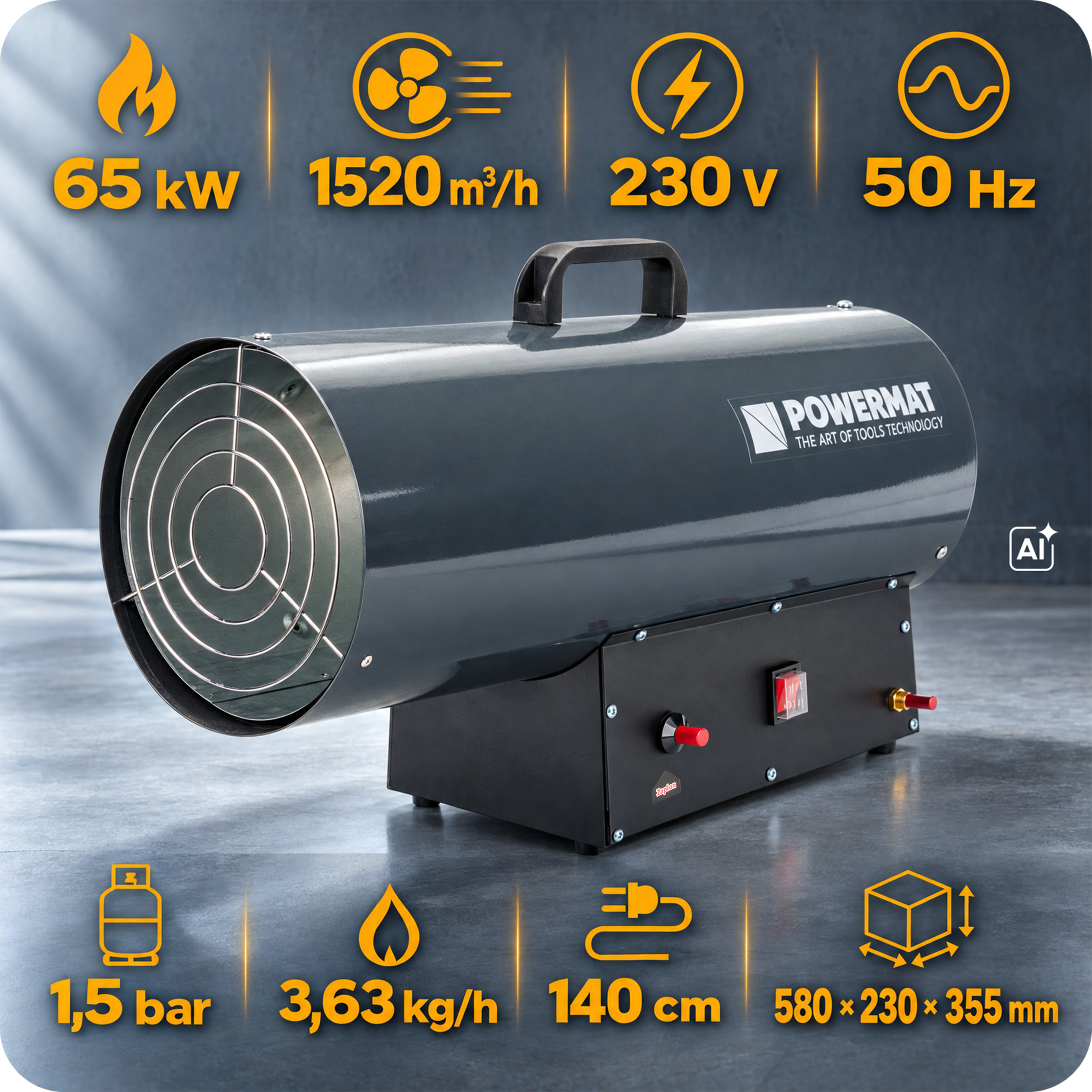 Powermat PM-NAG-65GN dujinė šilumos patranka 65 kW (su reduktoriumi) nuotrauka 12
