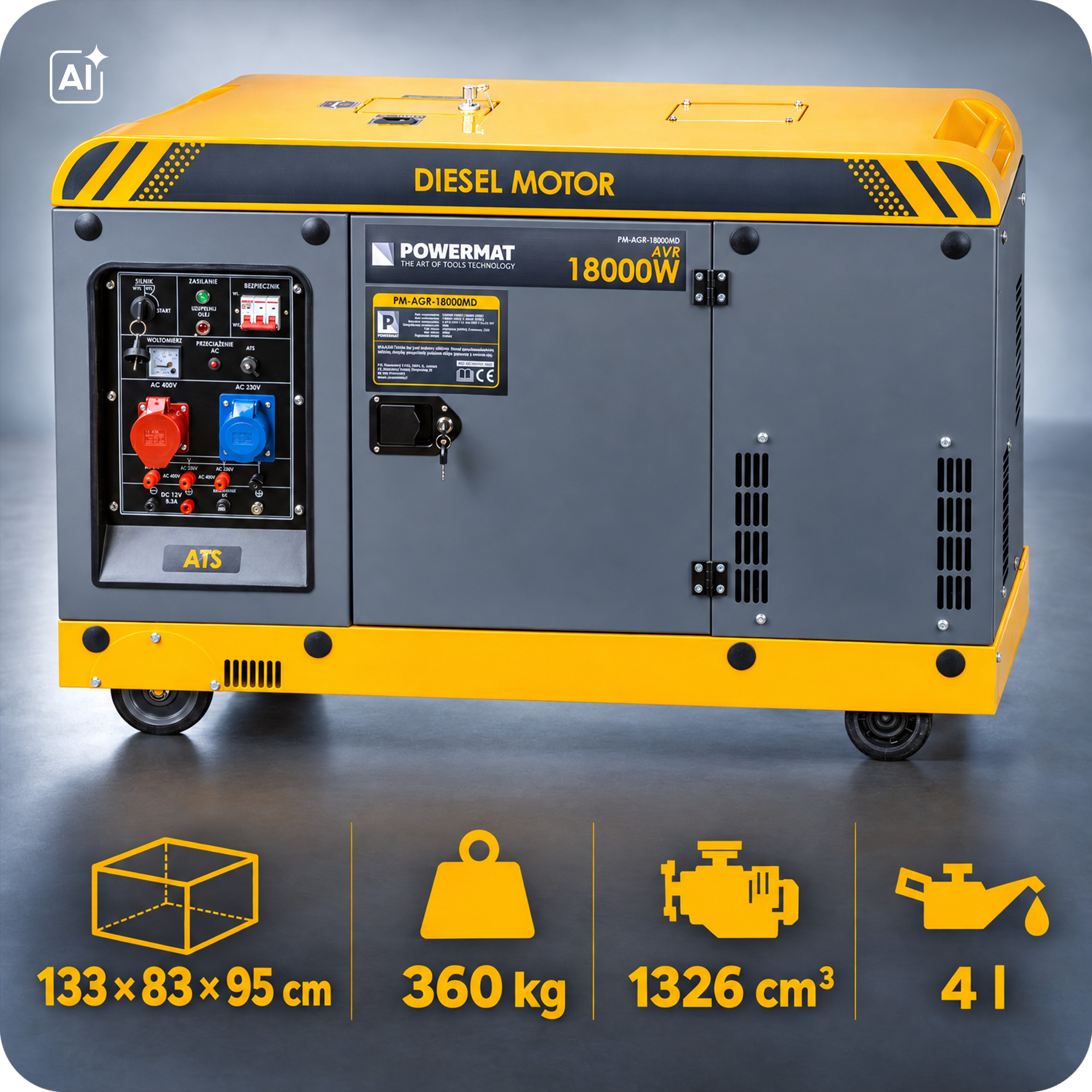 Powermat PM-AGR-18000MD dyzelinis trifazis generatorius su ATS, 18 kW — nuotrauka