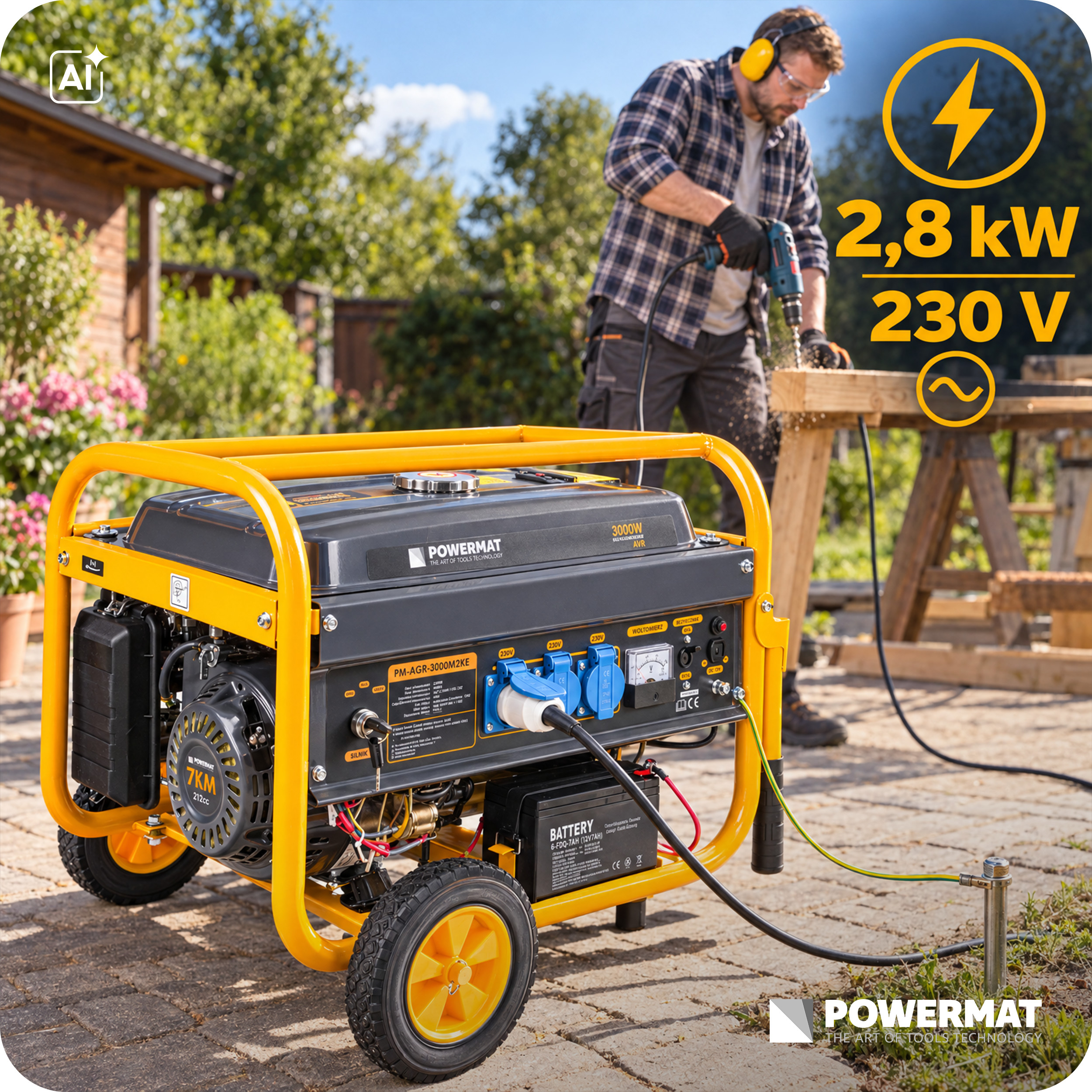 Benzininis generatorius Powermat PM-AGR-3000M2KE, 3000 W (elektrinis starteris) nuotrauka 6