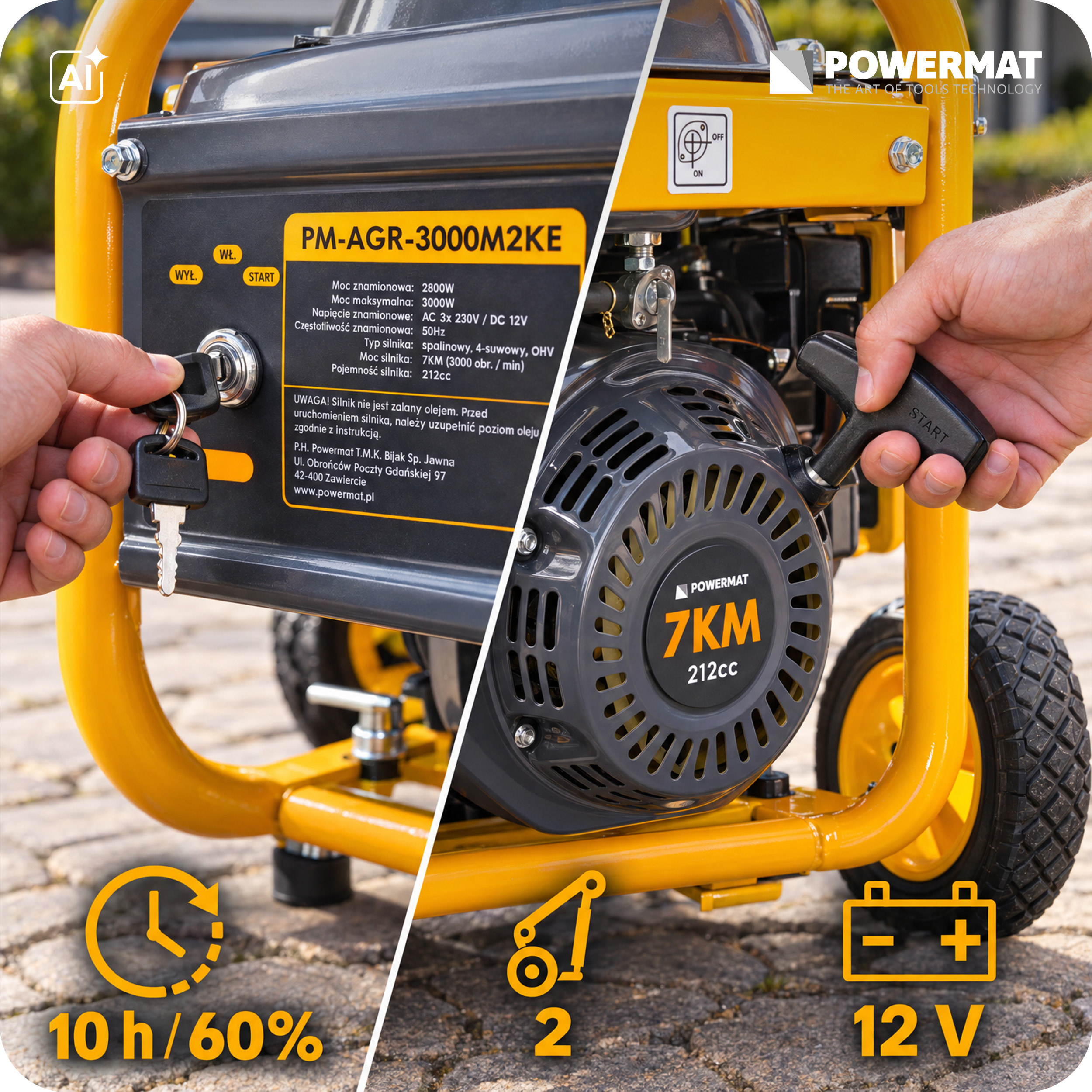 Benzininis generatorius Powermat PM-AGR-3000M2KE, 3000 W (elektrinis starteris) nuotrauka 7