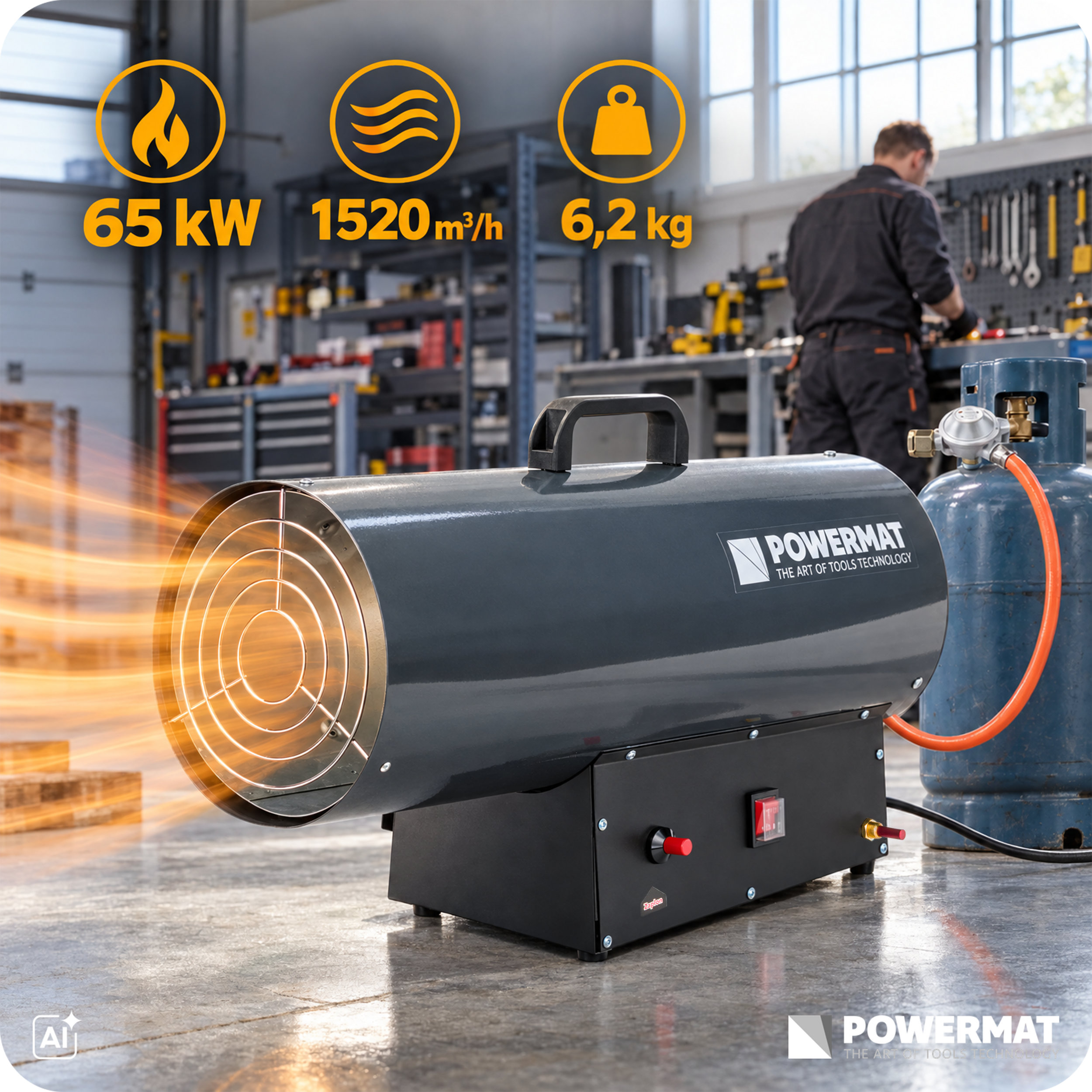 Powermat PM-NAG-65GN dujinė šilumos patranka 65 kW (su reduktoriumi) nuotrauka 2
