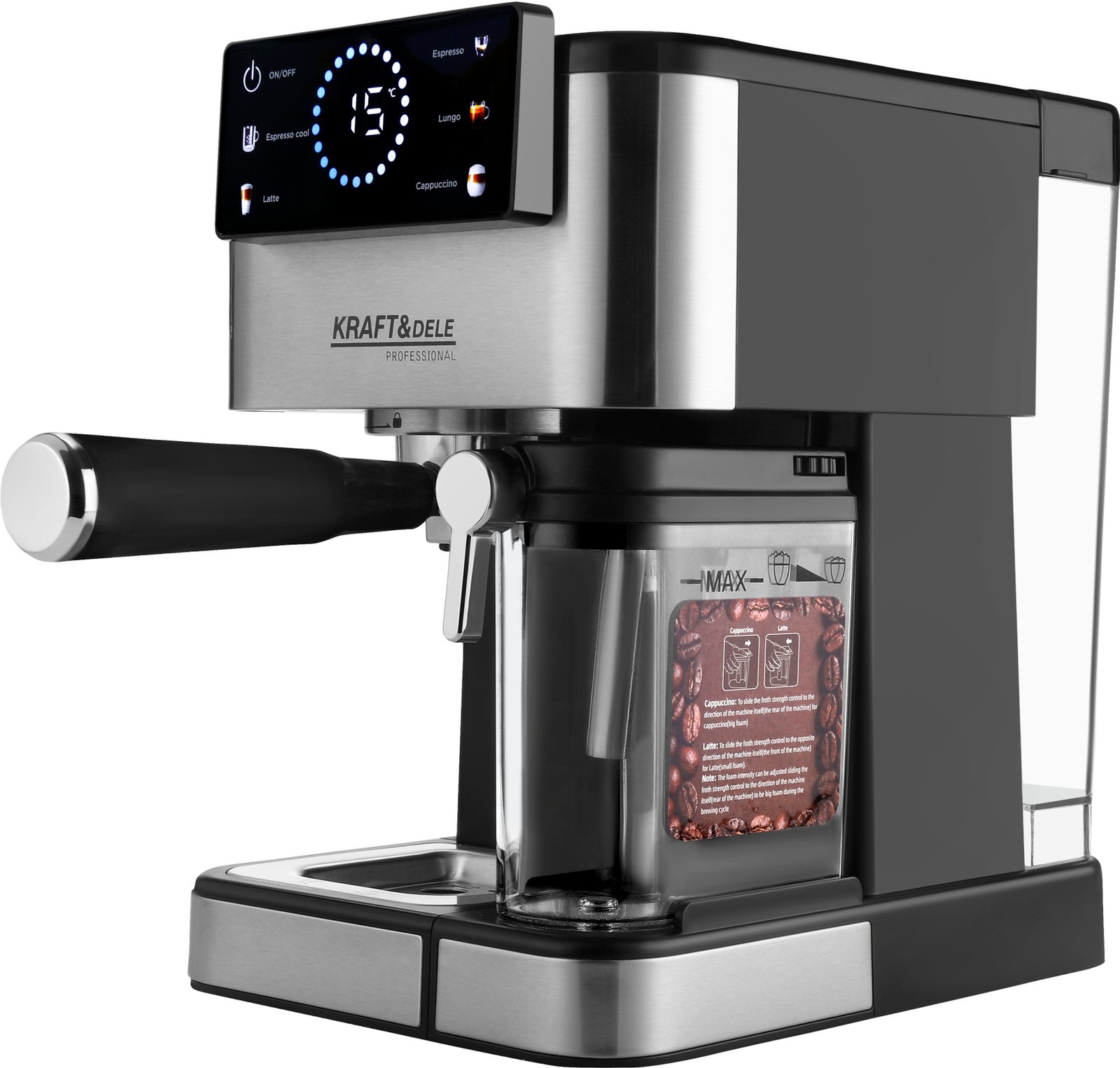Kraft&Dele KD4292 slėginis kavos aparatas, 1500 W, 20 bar, LCD — nuotrauka