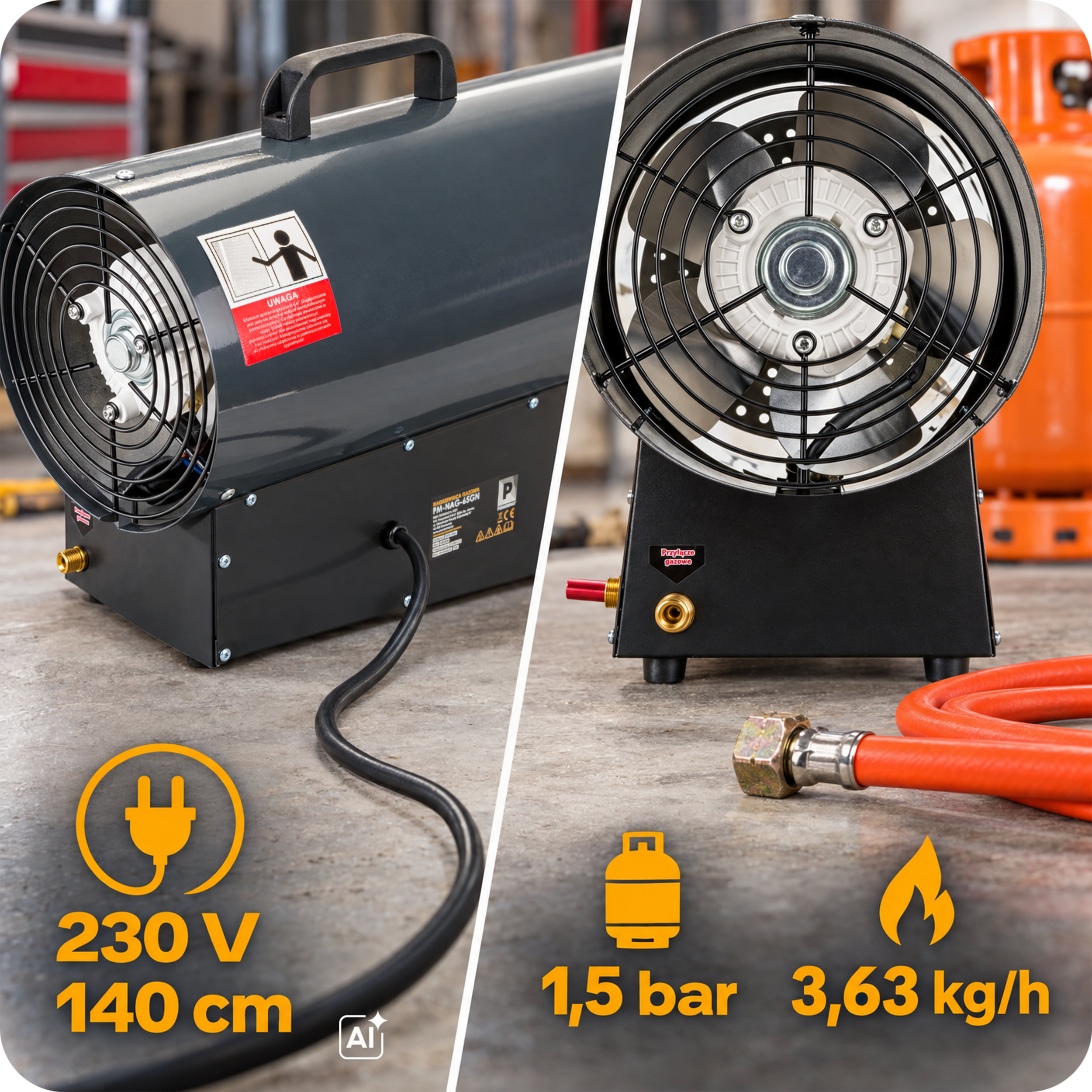 Powermat PM-NAG-65GN dujinė šilumos patranka 65 kW (su reduktoriumi) nuotrauka 8